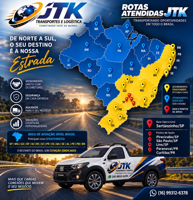 Mapa das rotas atendidas pela JTK Transportes e Logística em todo o Brasil